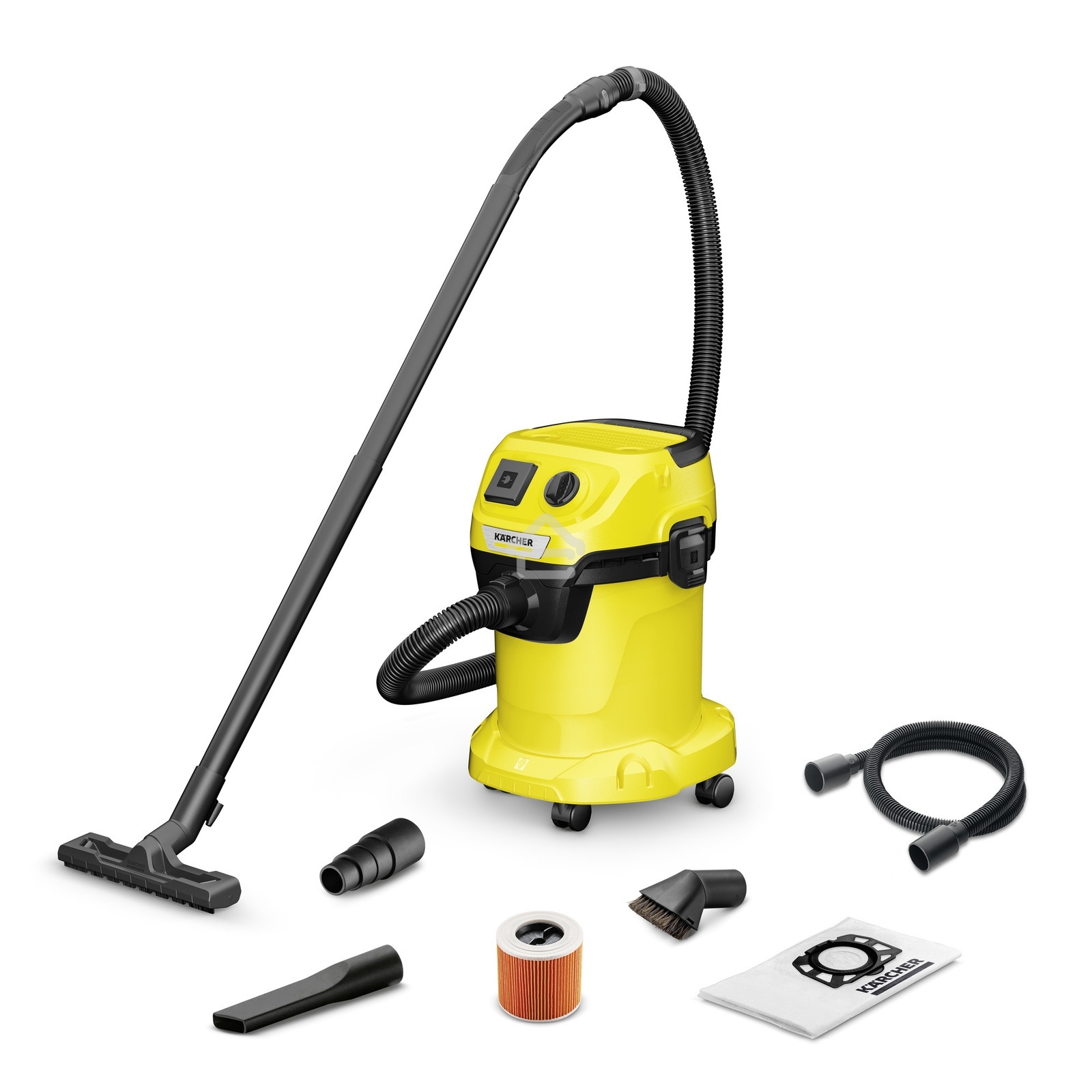 Строительный пылесос Karcher WD 3 P V-17/4/20 Workshop желтый, 1000 Вт, уборка сухая/сбор воды/выдув, пылесборник мешок/контейнер, 17 л