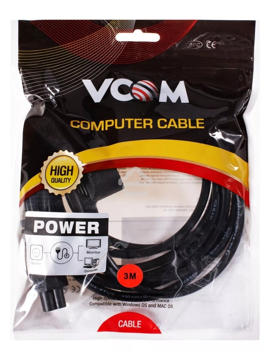 Кабель питания VCOM для ноутбуков 3М 3G*0.5mm 220V (CE022-CU) VDE стандарт