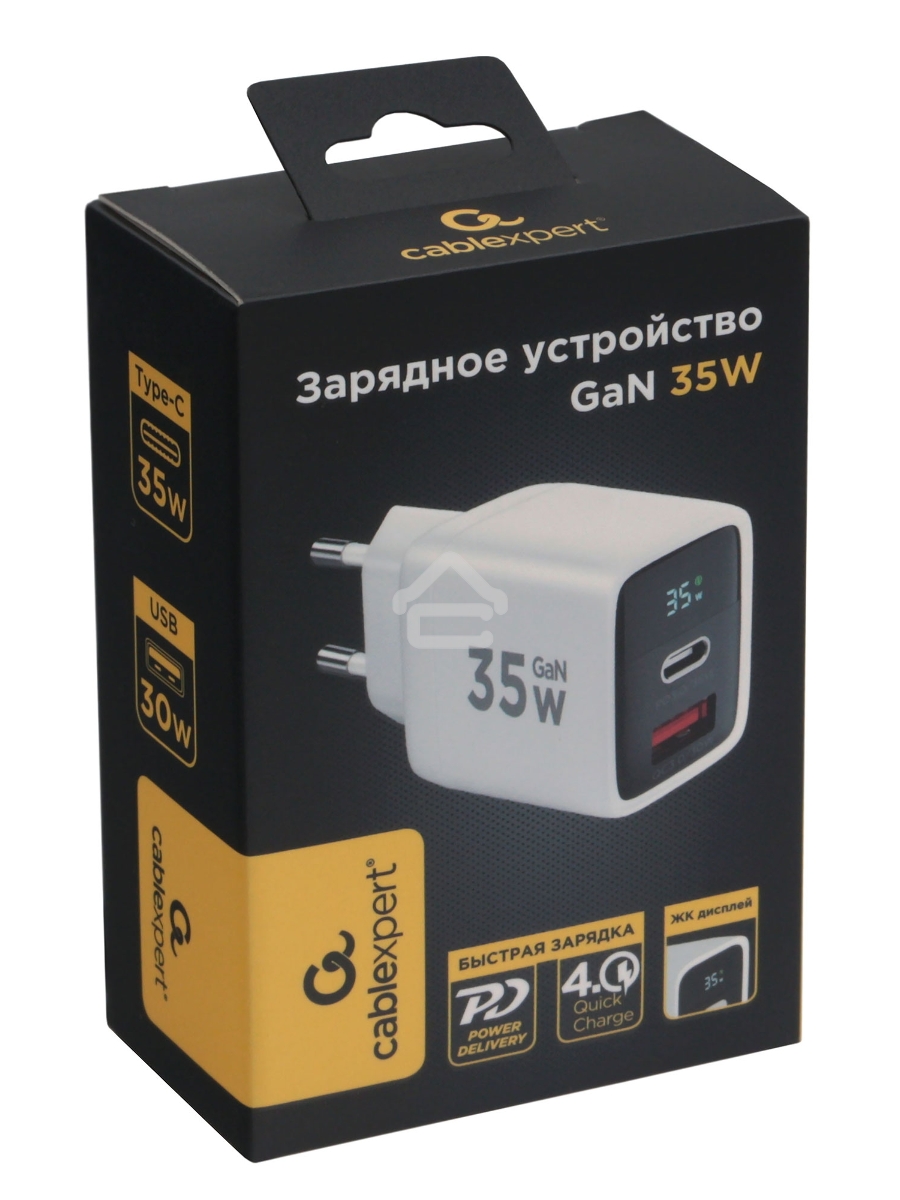 Зарядное устройство с дисплеем Cablexpert MP3A-PC-52, 35Вт GaN, QC3.0/PD3.0, 1хUSB, 1хType-C, белый, коробка