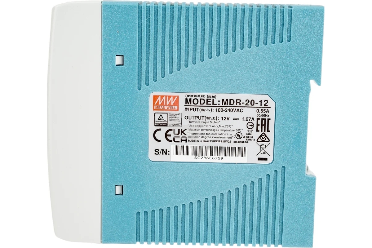 Блок питания AC-DC, 20Вт, вход 85-264V AC, 47-63Гц,120-370В DC, выход 12В,0-1,67A, рег. вых=±10%Uном, в кожухе на DIN-рейку
