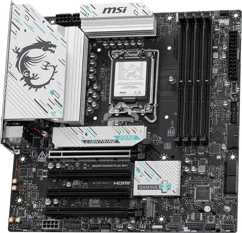 Материнская плата MSI B860M GAMING PLUS WIFI, LGA 1851, Intel B860, 4xDDR5, 4xSATA, 3xM.2, 1xPCIe 4.0 x4, 1xPCIe 5.0 x16, 1xDP, 1xHDMI, 1xUSB-C, 1x 5Gb LAN, 3xUSB-A 2.0, 2xUSB-A 3.2 Gen 1, 1xUSB 3.2 Gen 2, 7.1, 3x3.5 мм, mATX