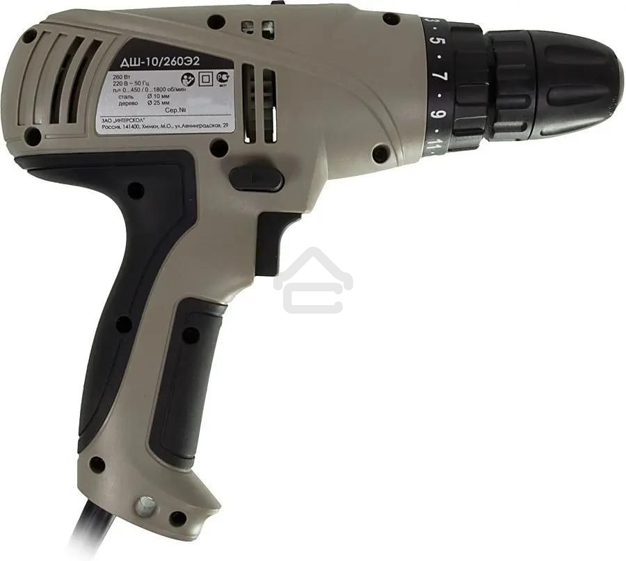 Дрель-шуруповерт сетевой ИНТЕРСКОЛ ДШ-10/260Э2, Сетевая, 260Вт