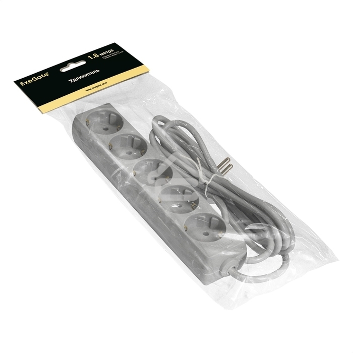 Удлинитель ExeGate ECE-5-1.8G (EX285820RUS), серый, 1,8 м, евровилка с заземлением, 5 евророзеток с заземлением, 2200 Вт