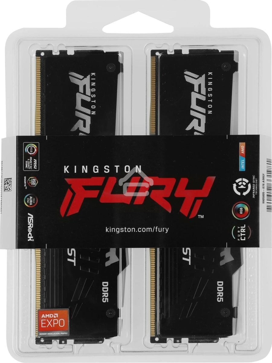 Оперативная память Kingston Fury Beast Expo, DDR5, 16GB (2x8GB), 5200MHz, CL36, DIMM, с радиаторами, RGB, черный