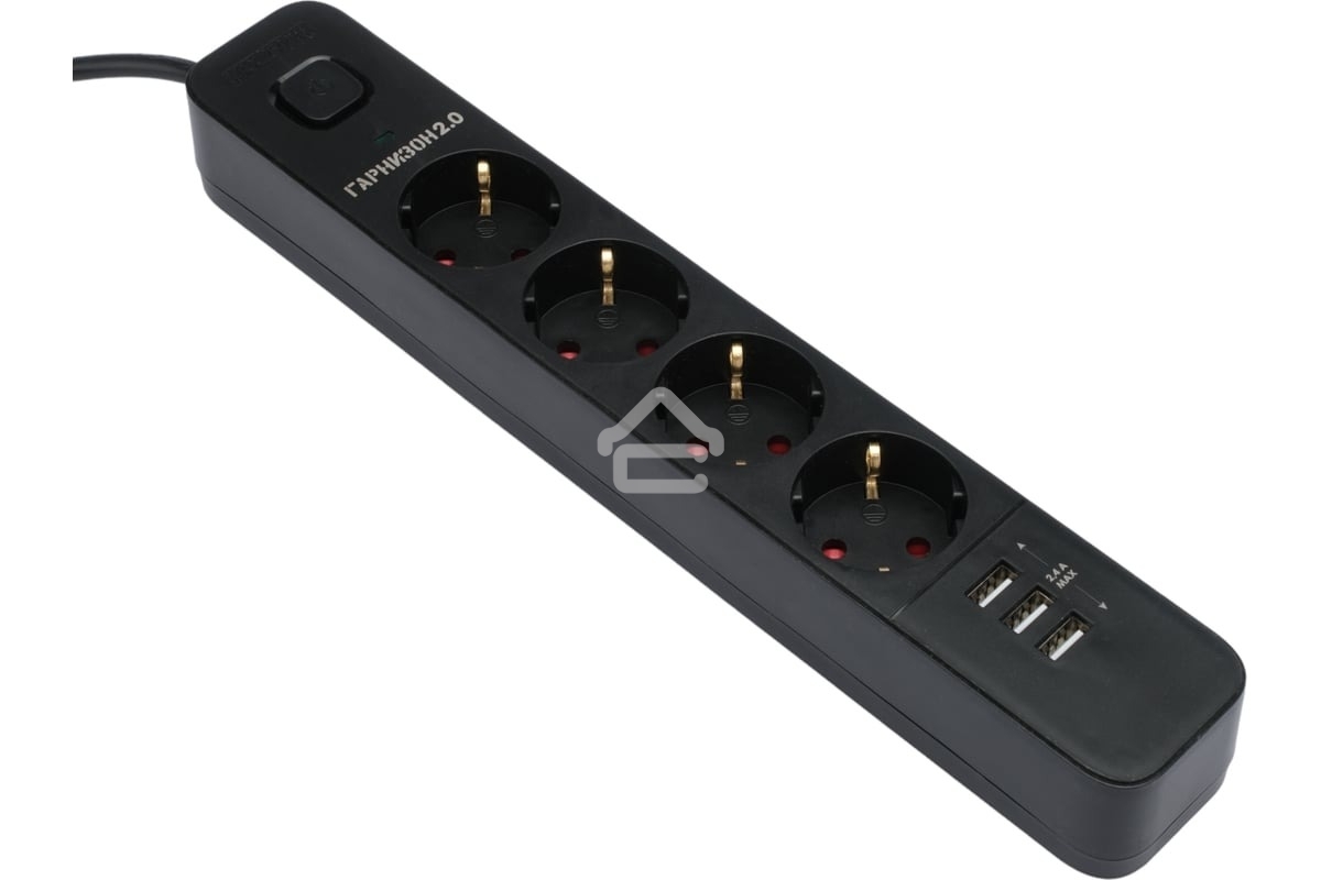 Сетевой фильтр Гарнизон 2.0 Мультипорт EPS-4-U3-B-2, 4 р, 10А, 3xUSB, 2 м, ур.защиты 2+, черный, пакет
