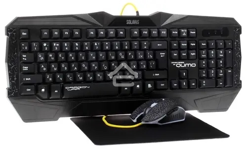 Игровой комплект Qumo Solaris, клавиатурапроводная K03, 104 клавиши, встроенная радужная подсветка, мышь проводная M10, оптическая, 800/1200/1600/2200 dpi, коврик