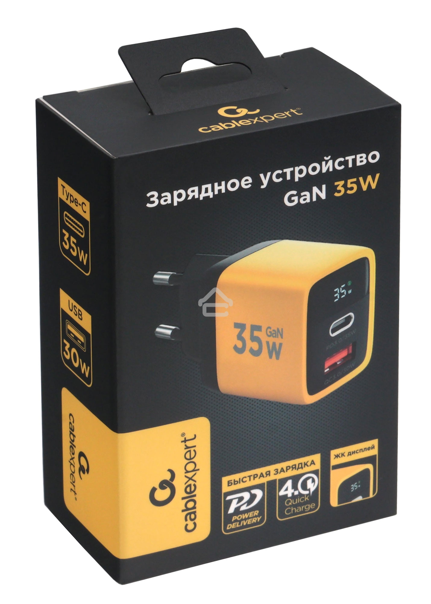 Зарядное устройство с дисплеем Cablexpert MP3A-PC-53, 35Вт GaN, QC3.0/PD3.0, 1хUSB, 1хType-C, желтый, коробка