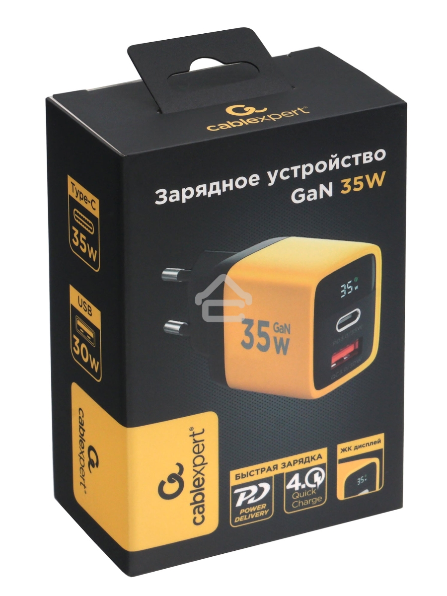 Зарядное устройство с дисплеем Cablexpert MP3A-PC-53, 35Вт GaN, QC3.0/PD3.0, 1хUSB, 1хType-C, желтый, коробка