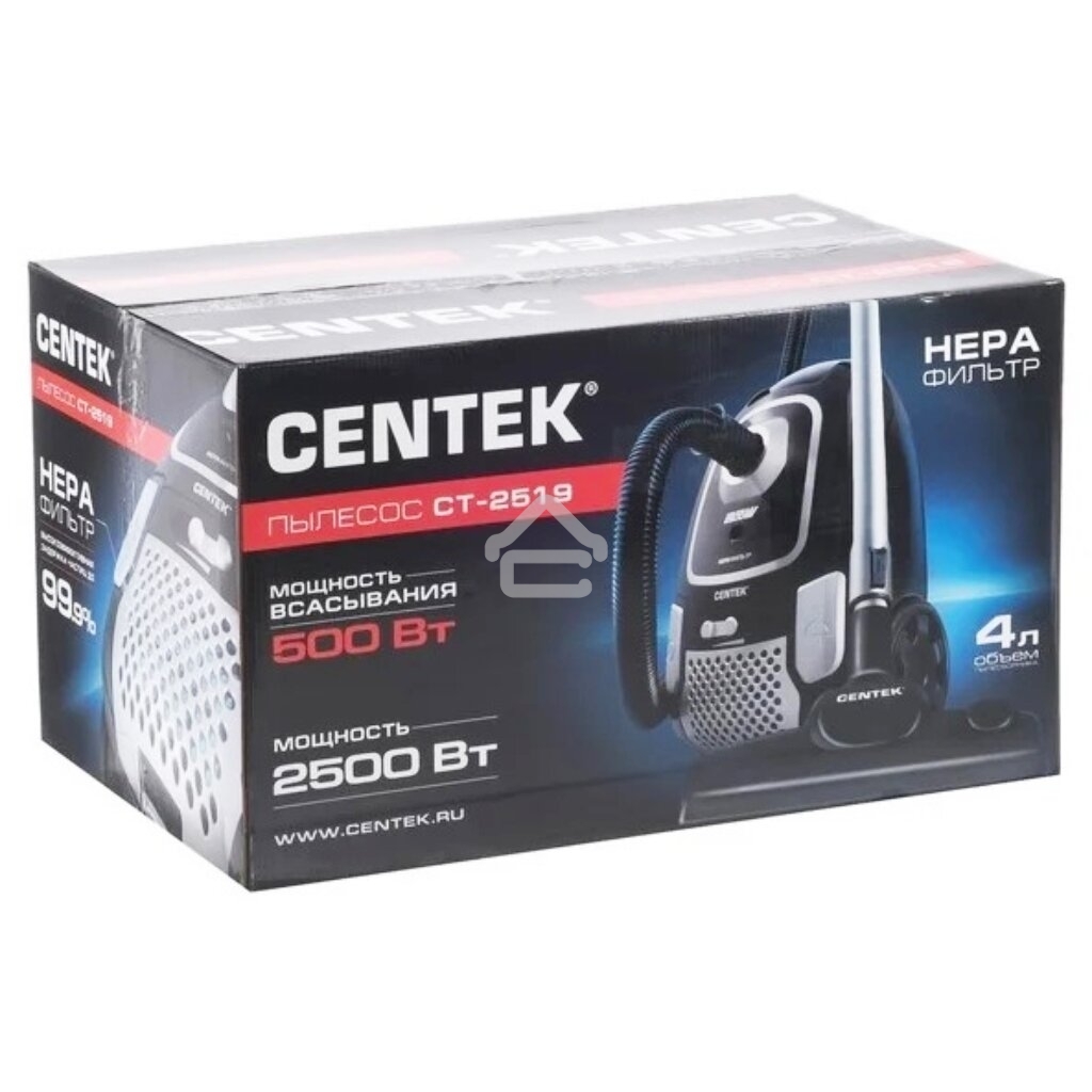 Пылесос Centek CT-2519 черный/хром, 500/2500 Вт, уборка сухая, пылесборник мешок, 4 л