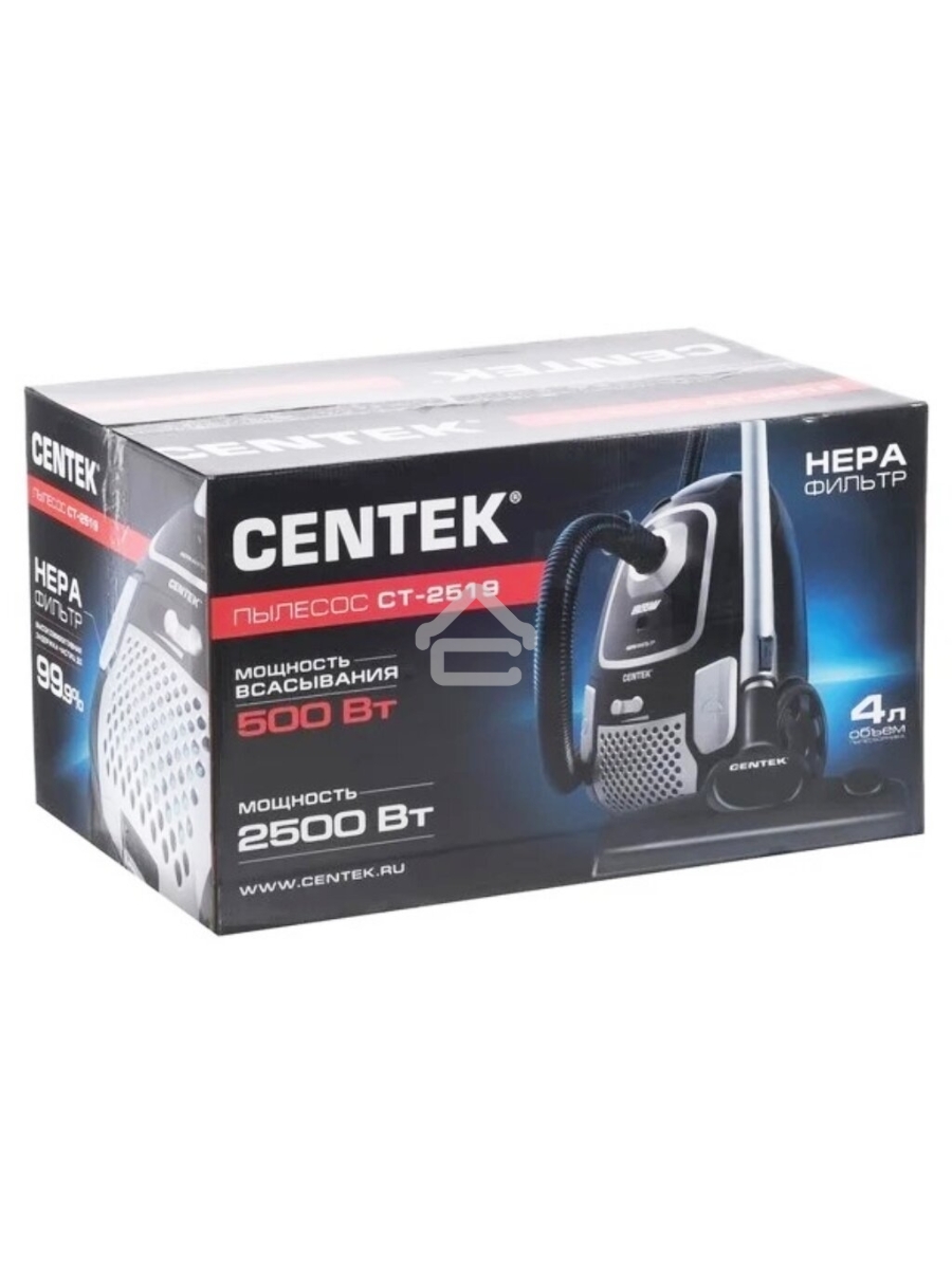 Пылесос Centek CT-2519 черный/хром, 500/2500 Вт, уборка сухая, пылесборник мешок, 4 л
