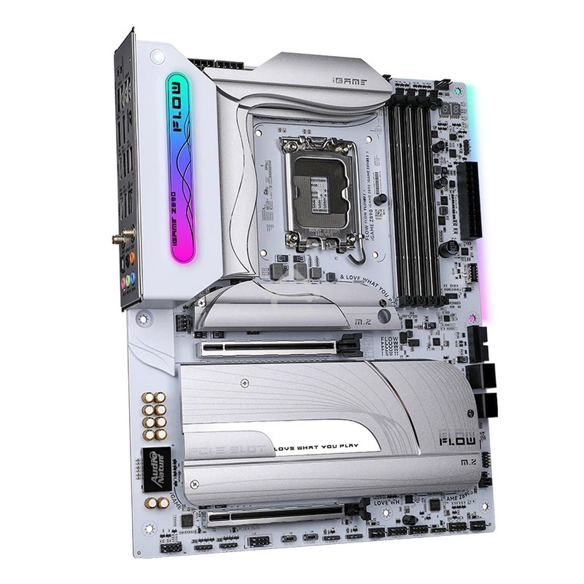 Материнская плата Colorful iGame Z890 FLOW V20, LGA 1851, Intel Z890, 4xDDR5, 5xM.2, 4xSATA, 2xPCIe 5.0 x16, 1xPCIe 4.0 x4, 1xHDMI, 1xDP, 1x 2.5Gb LAN, 4xUSB-A 3.2 Gen 2, 2xUSB-C 3.2 Gen 2, 1xUSB-C 3.2 Gen 2x2, 5x3.5 мм, 7.1, ATX