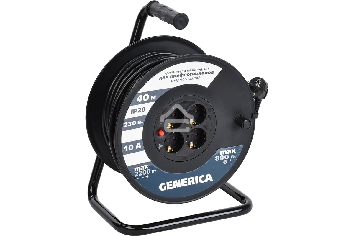 Удлинитель на катушке 4х40м 2P+PE 10А УК40 с термозащ. 3х1.0кв.мм GENERICA IEK WKP10-10-04-40-G