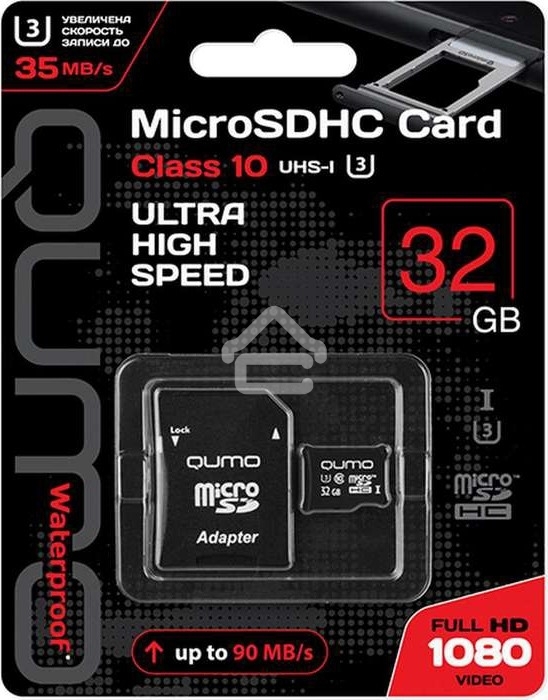 Флеш карта QUMO MicroSDHC 32GB Сlass 10 UHS-I U3,3.0 с адаптером SD, черно-красная картонная упаковка (QM32GMICSDHC10U3)