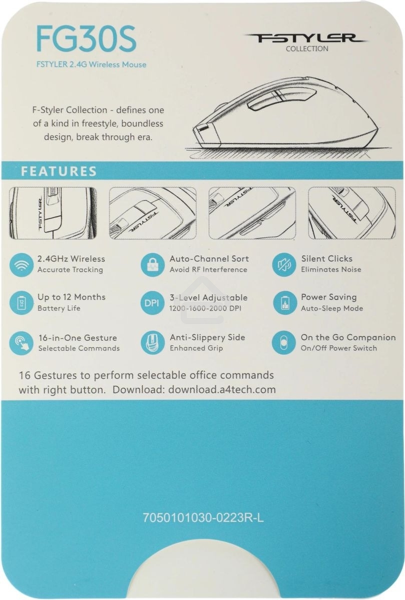 Мышь беспроводная A4Tech Fstyler FG30S серый/оранжевый, 2000 dpi, радиоканал, USB, кнопки - 6