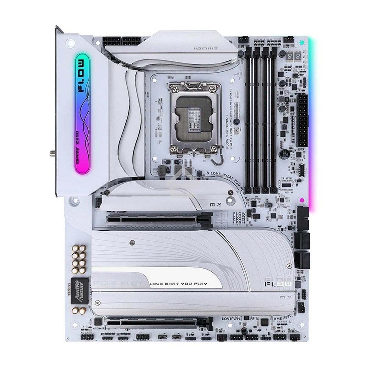Материнская плата Colorful iGame Z890 FLOW V20, LGA 1851, Intel Z890, 4xDDR5, 5xM.2, 4xSATA, 2xPCIe 5.0 x16, 1xPCIe 4.0 x4, 1xHDMI, 1xDP, 1x 2.5Gb LAN, 4xUSB-A 3.2 Gen 2, 2xUSB-C 3.2 Gen 2, 1xUSB-C 3.2 Gen 2x2, 5x3.5 мм, 7.1, ATX