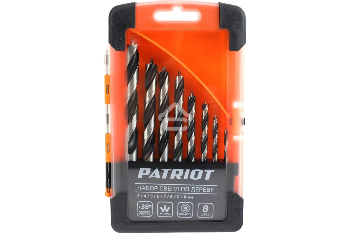Набор сверл по дереву PATRIOT спиральные, W-образная заточка, 8 шт: 3, 4, 5, 6, 7, 8, 9, 10 мм, в пластиковом боксе