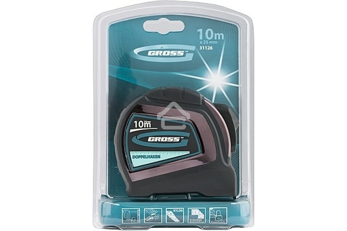 Рулетка Gross 31126''doppelhaken'' 10м x 25мм двухсторонний зацеп нейлон двуст. шкала автоматич