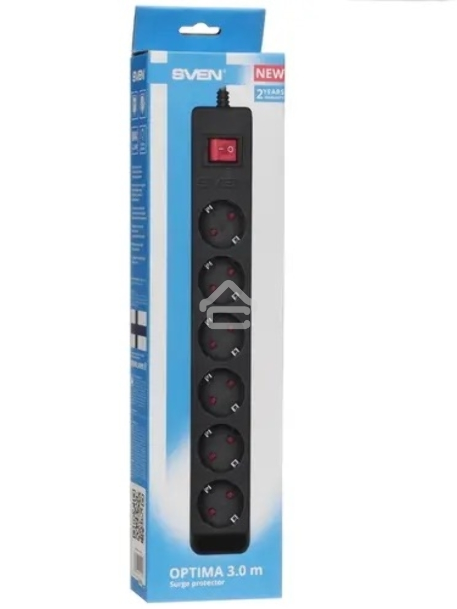 Фильтр SVEN Optima 3,0 м (6 розеток с защитными шторками) черный, цветная коробка