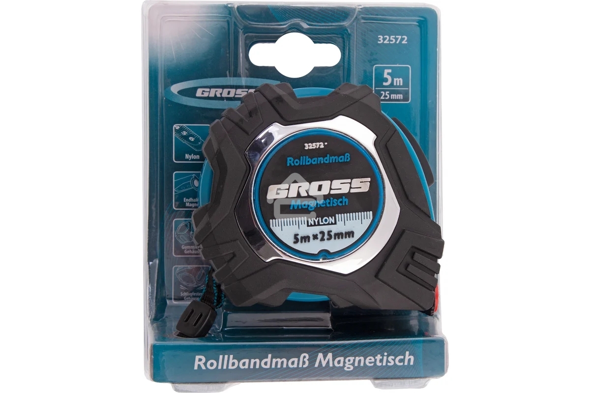Рулетка Magnetisch, 5 м х 25 мм обрезиненный корпус,автоматическая фиксация GROSS 32572