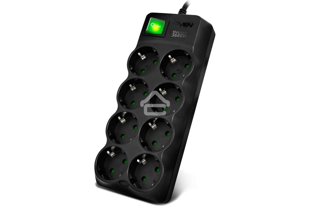 Сетевой фильтр SVEN SF-08E-16 (1,8 м 8 розеток с защитными шторками,16А) черный, цветная коробка