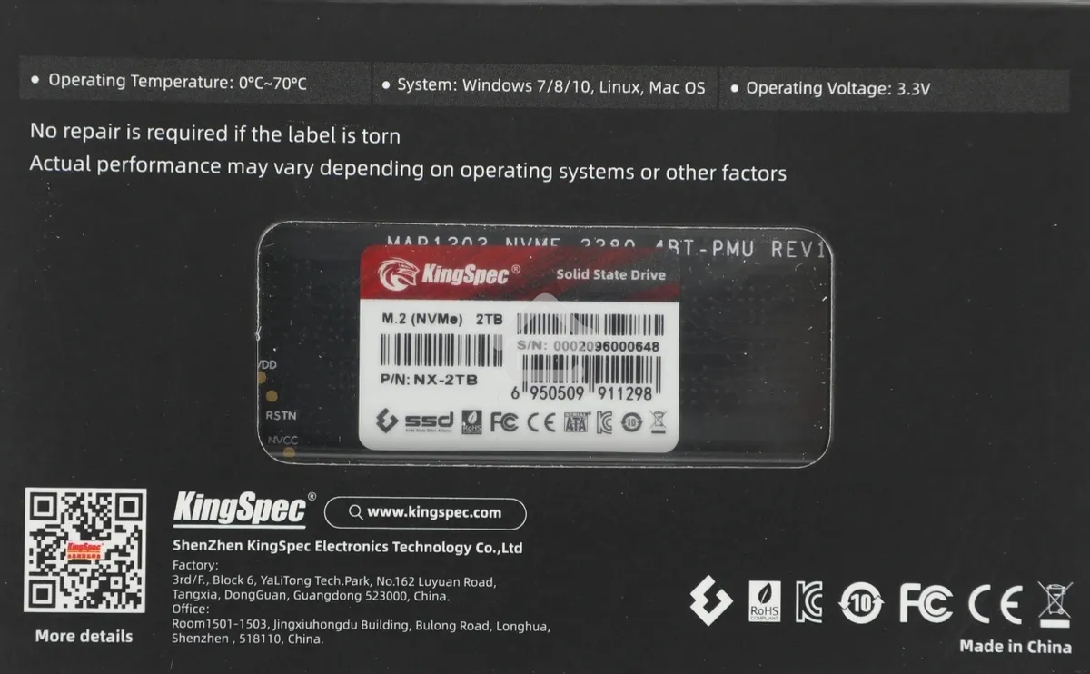 Накопитель SSD KingSpec NX-2Tb, 2000Gb, PCIe 3.0 x4, M.2 2280, NVMe, R/W 3400/3100