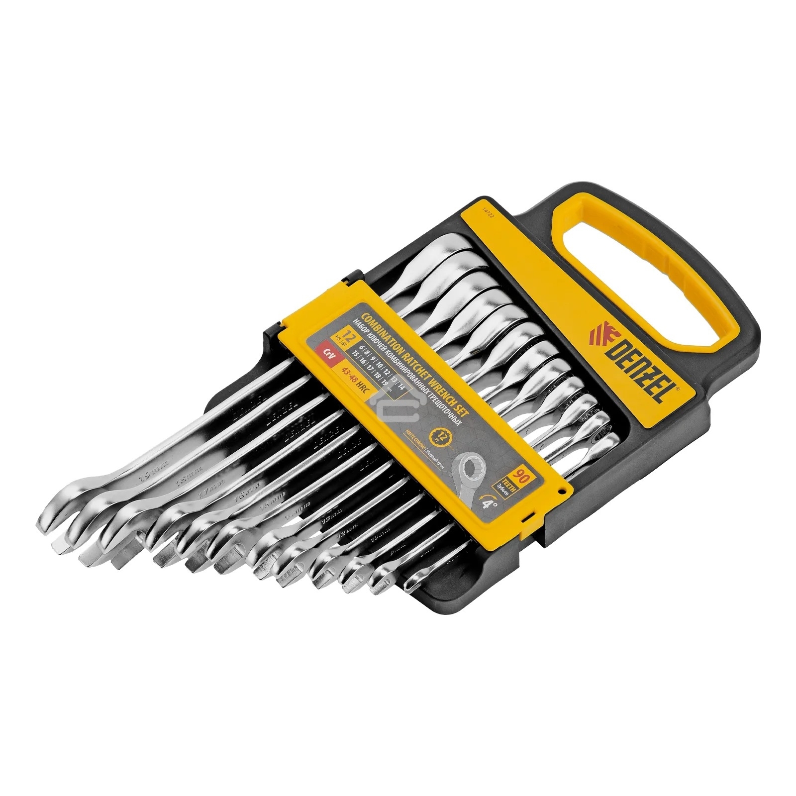 Набор ключей комбинированных трещоточных Denzel 6-19 мм, 12 шт., CrV, матовый хром 14722