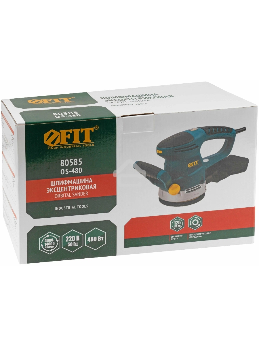 Шлифмашина эксцентриковая FIT OS-480, 480 Вт, 4000-14000 об/мин, 125 мм, 2 кг, липучка, коробка