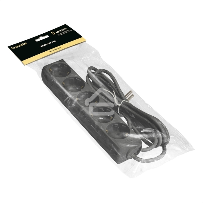 Удлинитель ExeGate ECE-5-5B (EX285825RUS), черный, 5 м, евровилка с заземлением, 5 евророзеток с заземлением, 2200 Вт