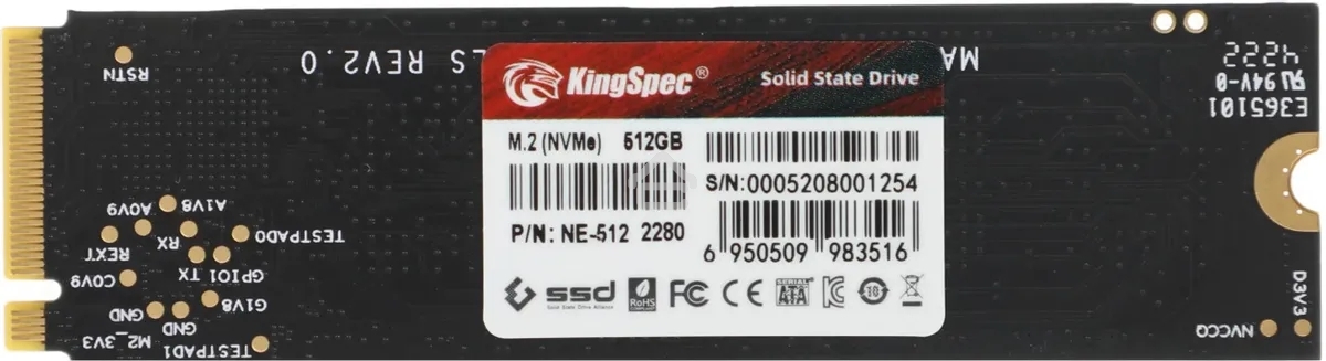 Накопитель SSD KingSpec NE-512, 512Gb, M.2 2280, PCIe 3.0 x4, NVMe, R/W 2400/1700