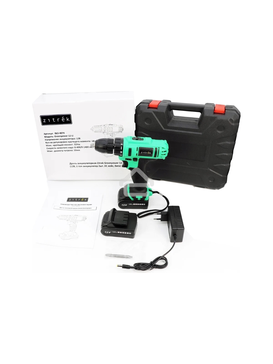 Дрель-шуруповерт Zitrek Greenpower 12-Li 063-4074, Аккумуляторная, 12В, 2 АКБ, Кейс