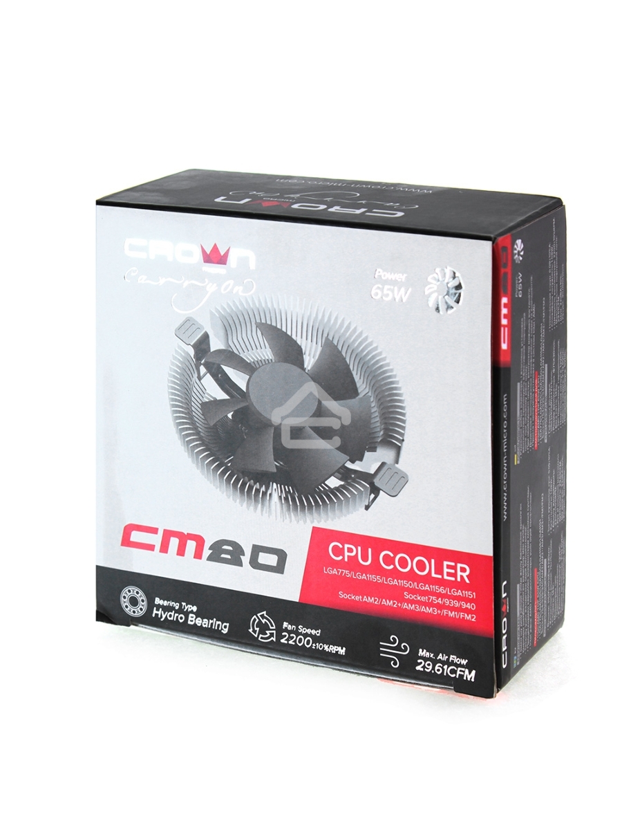 Кулер для процессора Crown CM-80 v2 серебристый/черный, 75 мм, алюминий, 2200 об/мин, 22 дБ, 3 pin, 65 Вт, 42 мм