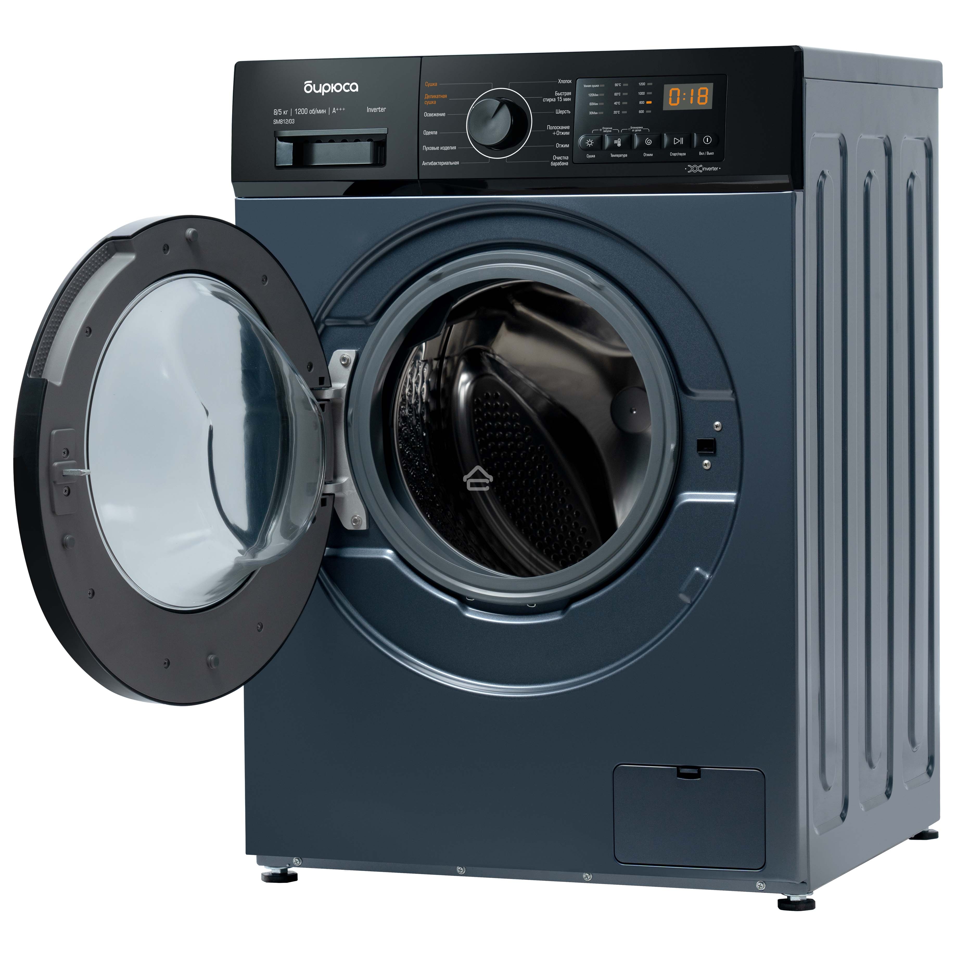 Стирально-сушильная машина Бирюса WMD-SM812/03 W перламутровый синий, загрузка фронтальная 8 кг, 1200 об/мин, класс: А+++