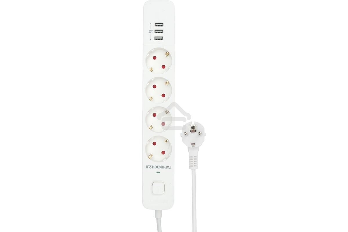 Сетевой фильтр Гарнизон 2.0 Мультипорт EPS-4-U3-W-2, 4 р, 10А, 3xUSB, 2 м, ур.защиты 2+, белый, пакет