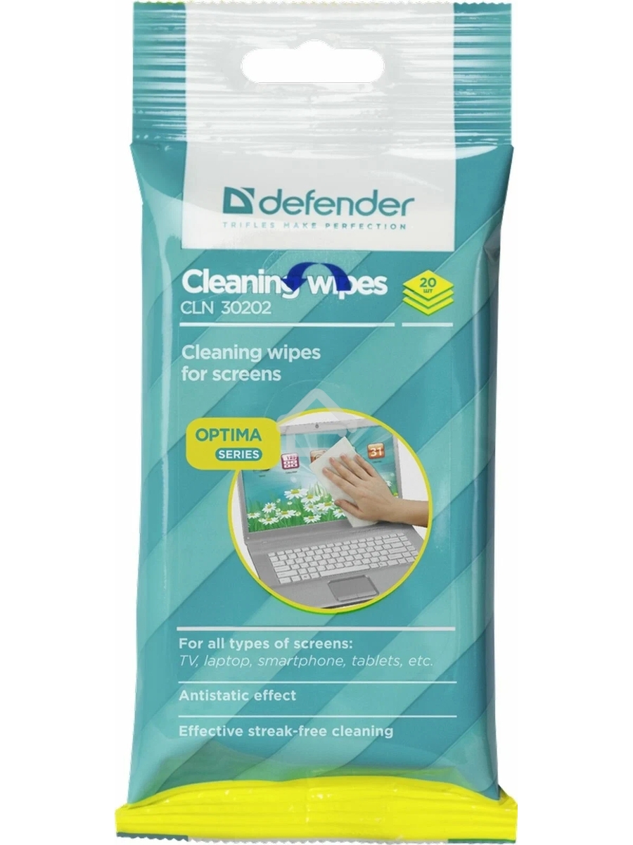 Чистящие салфетки Defender CLN 30202 ECO для экранов всех типов мягкая упаковка / 20 шт / Россия.