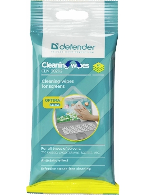 Чистящие салфетки Defender CLN 30202 ECO для экранов всех типов  мягкая упаковка / 20 шт / Россия.