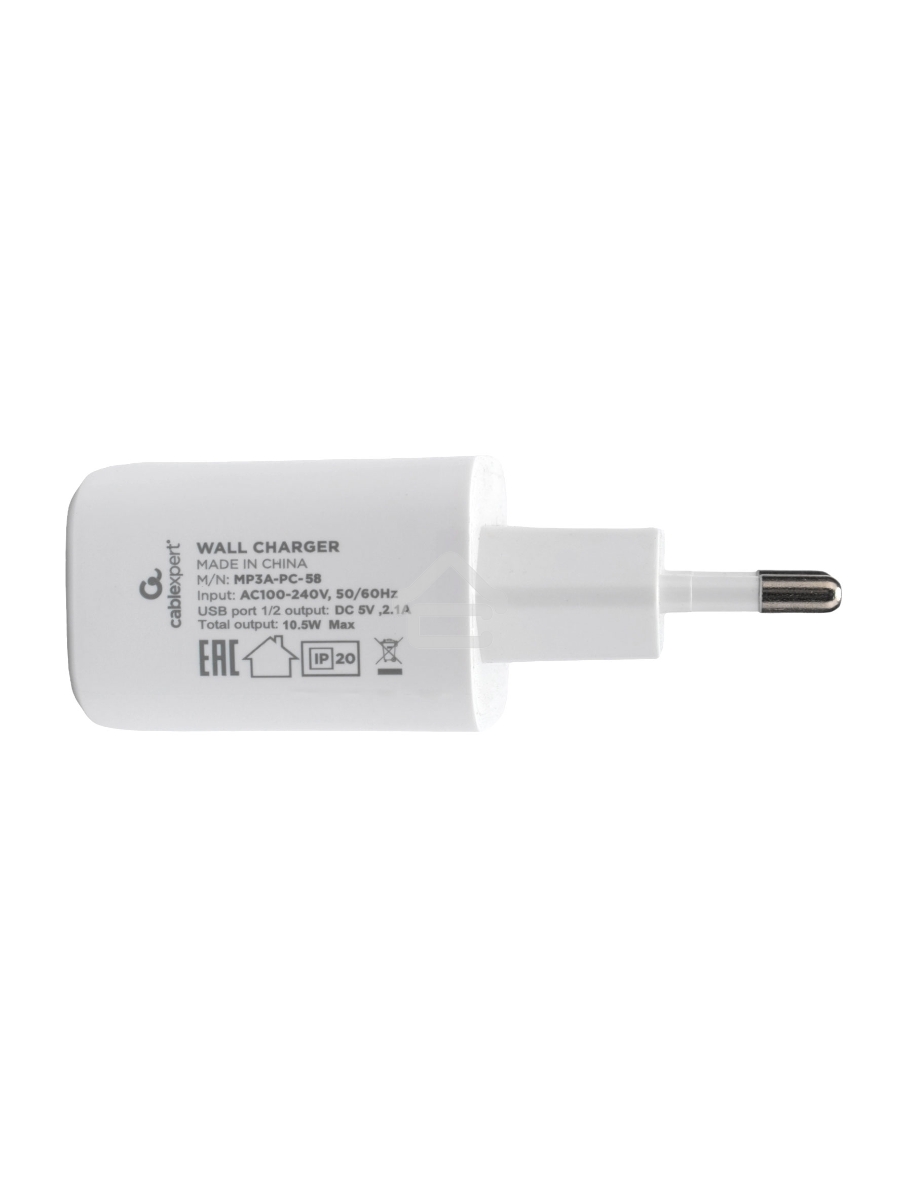 Зарядное устройство Cablexpert MP3A-PC-58, 10.5Вт, 2.1А, 2хUSB, белый, пакет