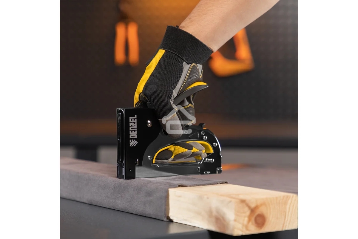 Степлер мебельный Denzel, стальной корпус, быстрая загрузка, регул. силы удара, тип 53, 4-14 мм