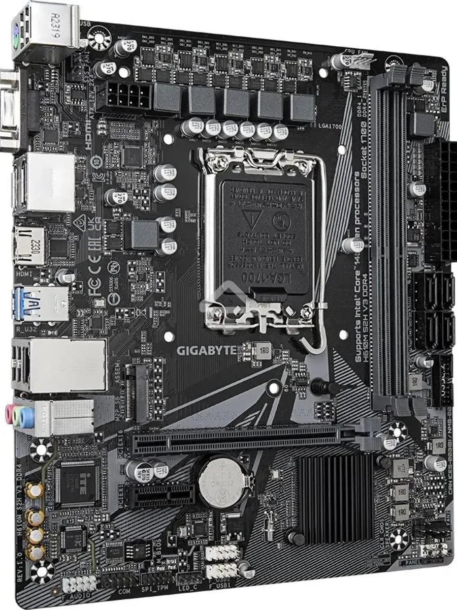 Материнская плата Gigabyte H610M S2H V3 DDR4, LGA 1700, Intel H610, 2xDDR4, 4xSATA, 1xM.2, 1xPCIe 4.0 x16, 1xPCIe x1, 1xHDMI, 1xDP, 1xVGA, 1x 1Gb LAN, 2xUSB-A 3.2 Gen 1, 4xUSB-A 2.0, 3x 3.5 мм, 7.1, mATX