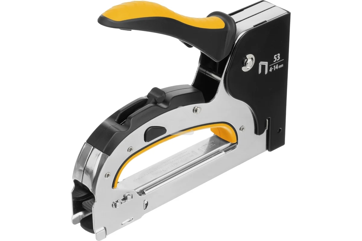 Степлер мебельный Denzel, стальной корпус, быстрая загрузка, регул. силы удара, тип 53, 4-14 мм