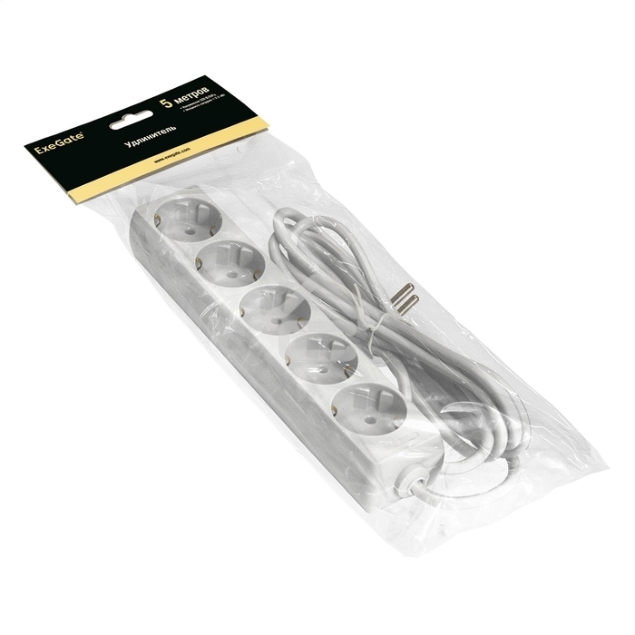 Удлинитель ExeGate ECE-5-5W (EX285827RUS), белый, 5 м, евровилка с заземлением, 5 евророзеток с заземлением, 2200 Вт