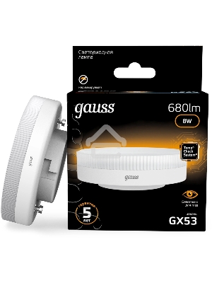 Лампа светодиодная Gauss 8Вт цок.:GX53 таблетка 220B св.свеч.бел.теп. Tablet (упак.:10шт) (108008108)