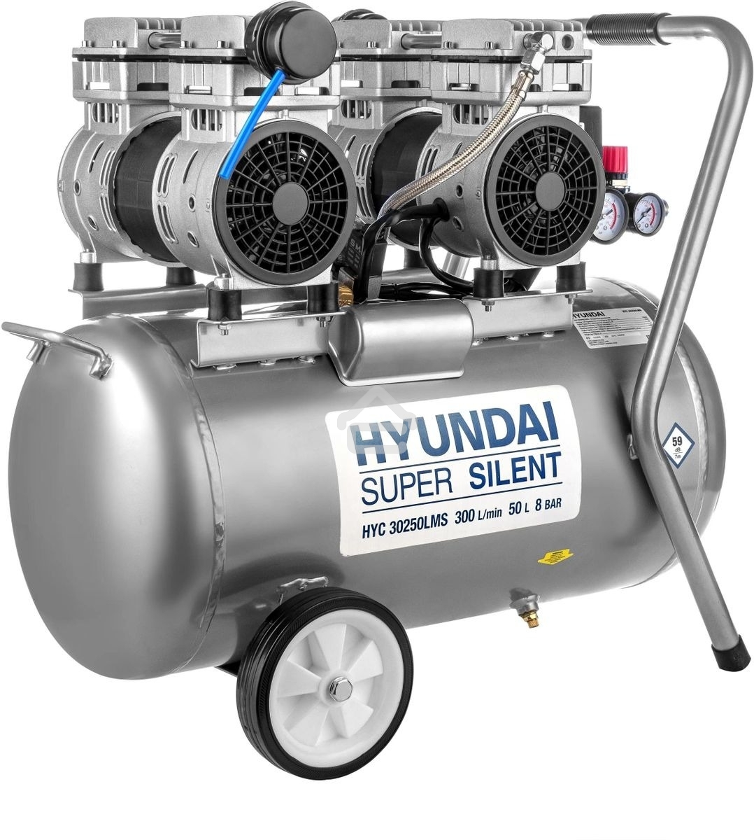 Компрессор поршневой Hyundai HYC 30250LMS безмасляный 300л/мин 50л 2000Вт серебристый/черный