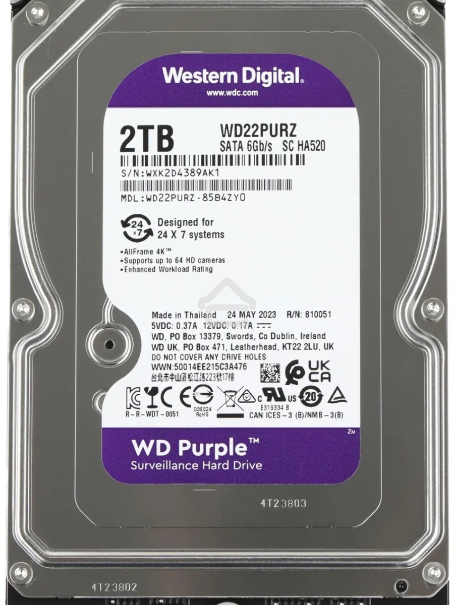 Жесткий диск Western Digital 2Tb 5400rpm WDC PURPLE WD22PURZ SATA 6GB/S 256MB