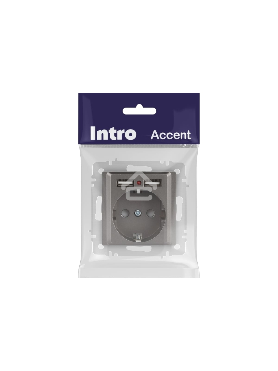 Розетка Intro Accent 6-410-09 P+E Schuko со шторками 16А-250В + 2хUSB IP20 СУ титан Б0063711