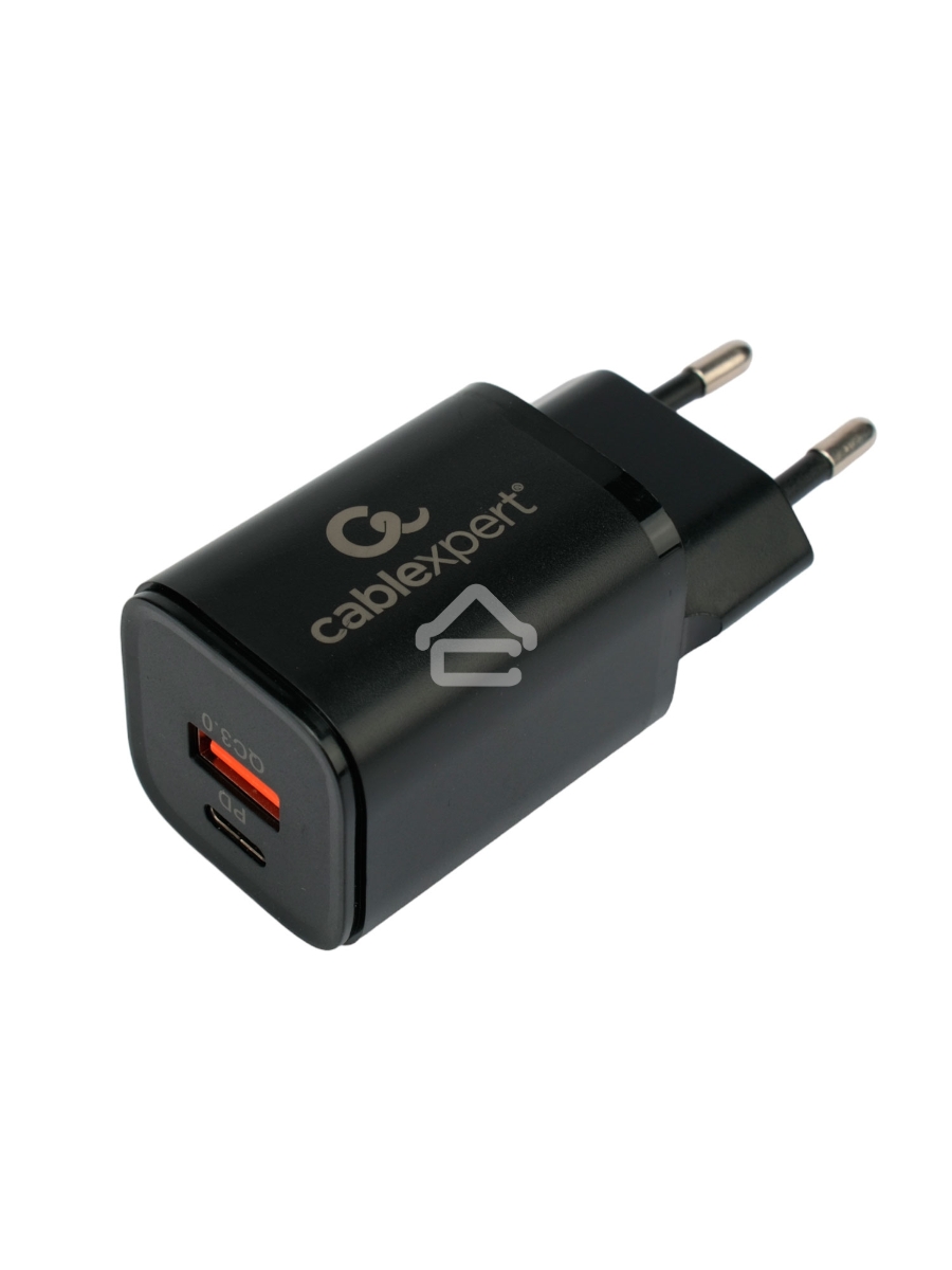 Зарядное устройство Cablexpert MP3A-PC-43, 30Вт, 3А, быстрая зарядка QC3.0/PD, 2 порта: USB и Type-C, черный, пакет