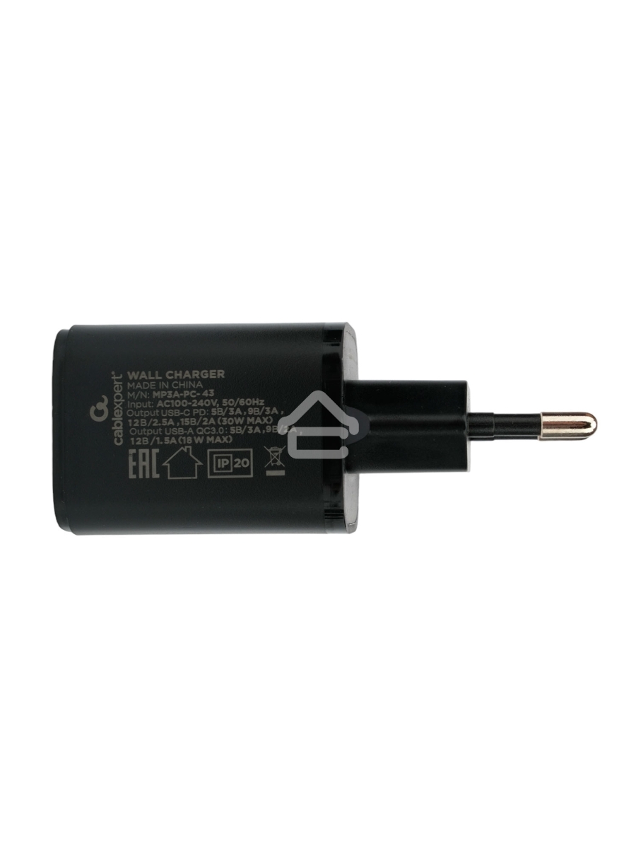 Зарядное устройство Cablexpert MP3A-PC-43, 30Вт, 3А, быстрая зарядка QC3.0/PD, 2 порта: USB и Type-C, черный, пакет