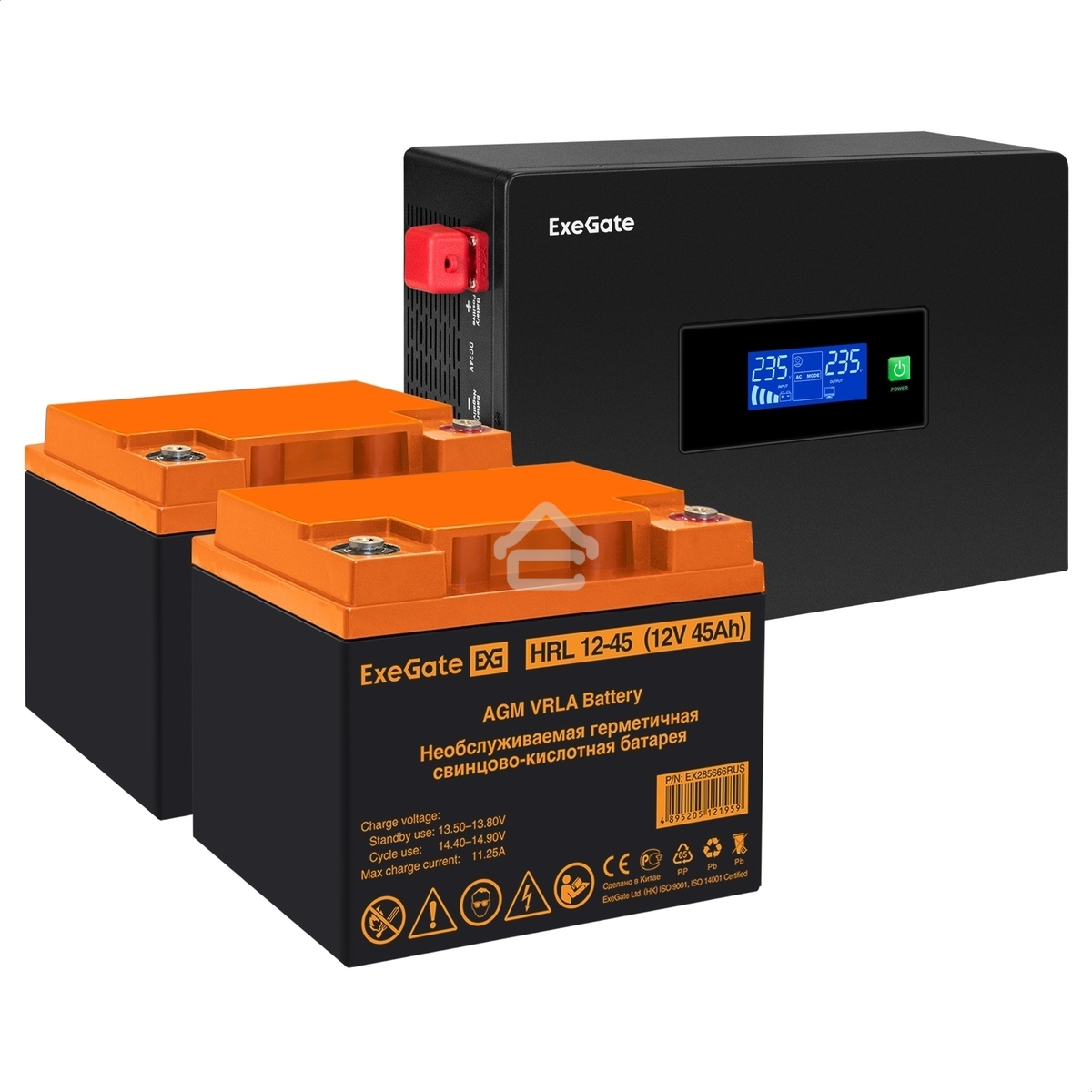 Комплект Источник бесперебойного питания EX295994RUS + батарея 45Aч EX285666RUS 2шт (инвертор, синус, для котла, PF=1, настенный) ExeGate IdealSine SR-1500.LCD.2SH <1500VA/1500W, чистая синусоида, цветной LCD-дисплей, 2*Schuko, крепление настенное, черный