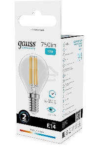 Лампа филам. Gauss Filament 12Вт цок.:E14 шар св.свеч.бел.нейт. (упак.:10шт) (52122)
