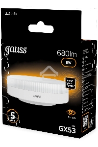 Лампа светодиодная Gauss 8Вт цок.:GX53 таблетка 220B св.свеч.бел.теп. Tablet (упак.:10шт) (108008108)