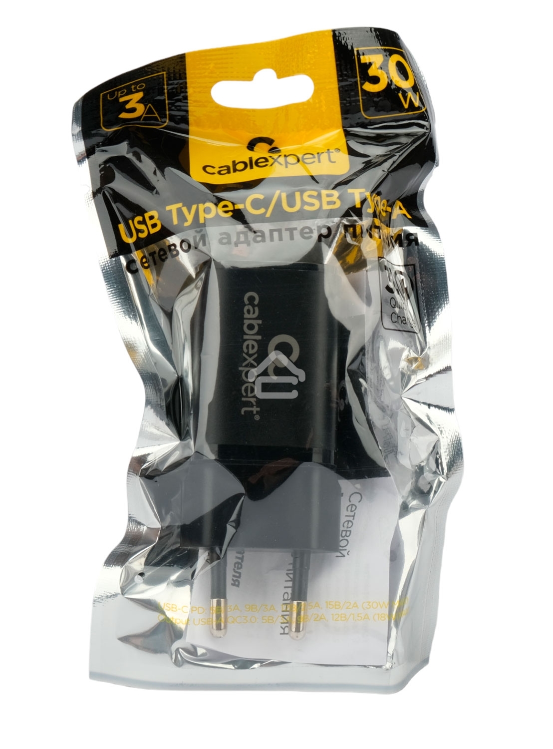 Зарядное устройство Cablexpert MP3A-PC-43, 30Вт, 3А, быстрая зарядка QC3.0/PD, 2 порта: USB и Type-C, черный, пакет